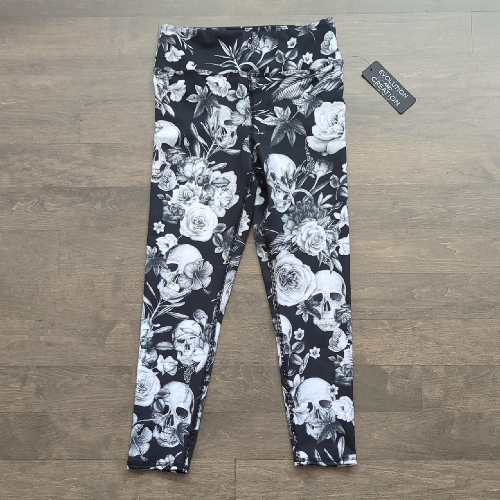 Evolution and Creation Black and White Floral Skull Women's Leggings